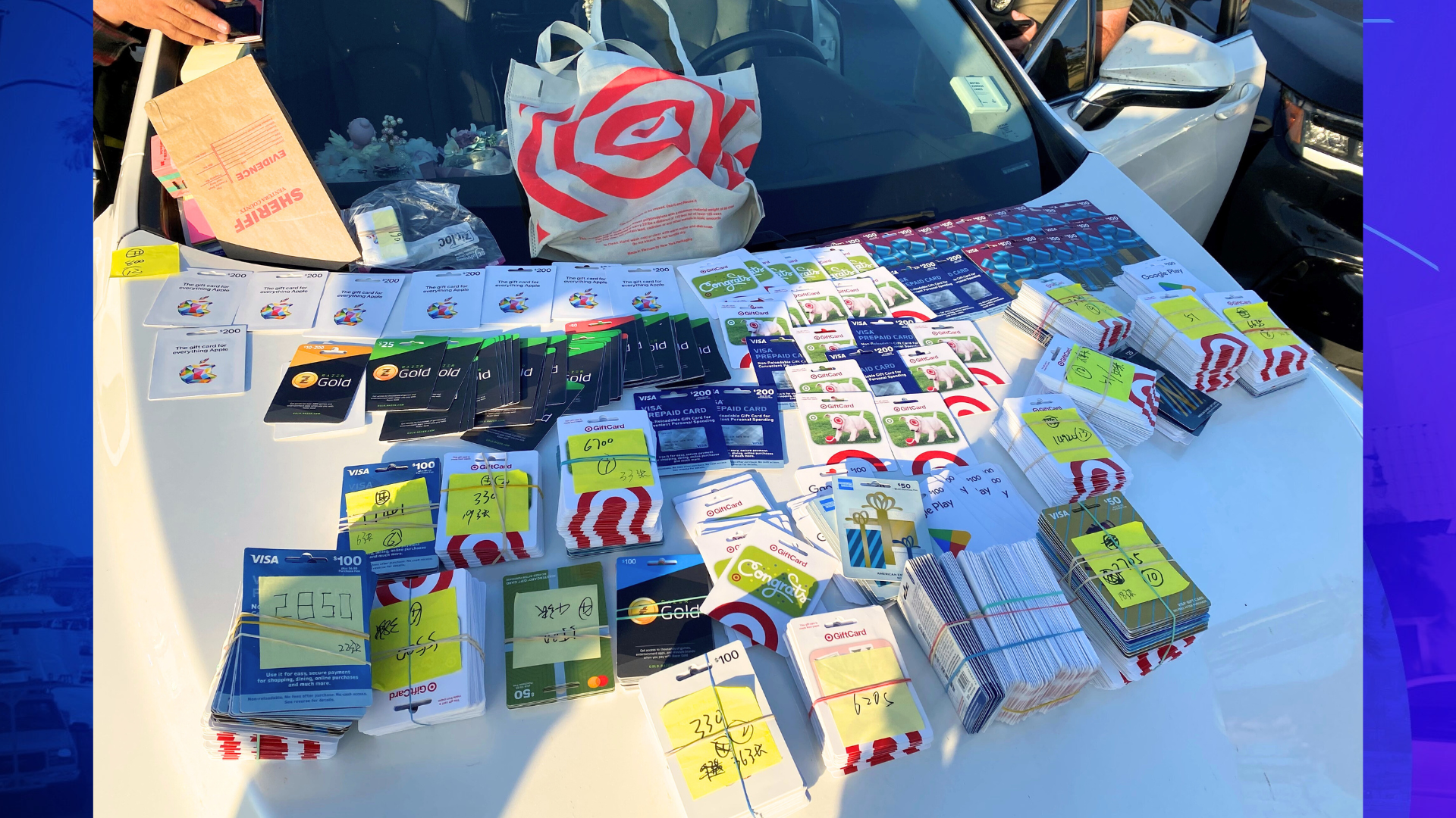 Two suspects were arrested after 800 stolen gift cards were discovered in a “card draining” scheme in Ventura County on May 10, 2024. (Ventura County Sheriff’s Office)