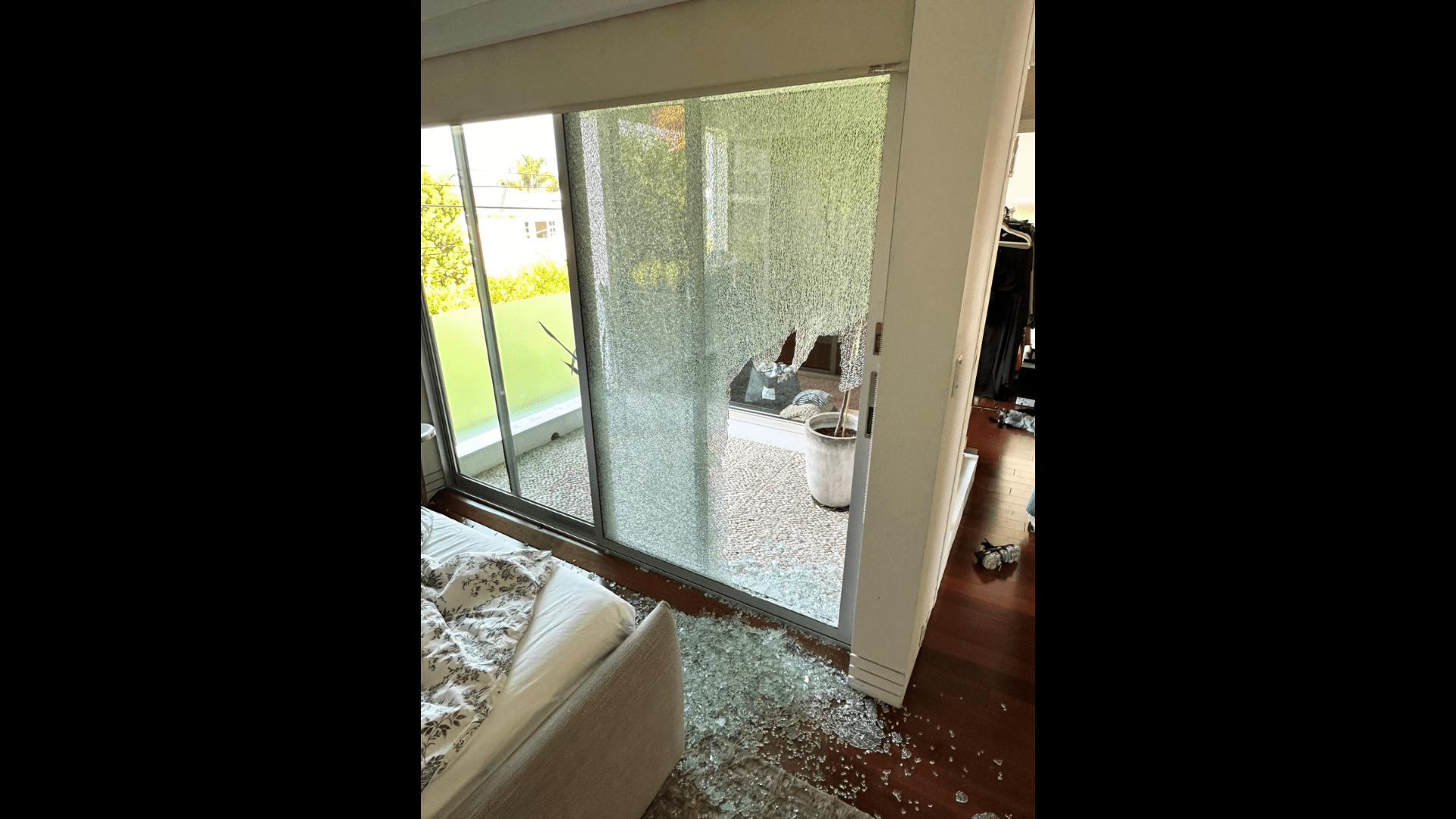 Burglars smashed the glass backyard door of Eddie and Lina's Beverly Grove home on May 2, 2024.