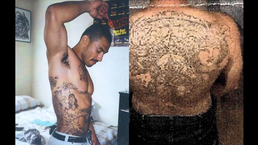 Cesar Villarreal has a tattoo of red lips and the word "Ofelia" on his left chest. He is fully tattooed from above his right chest and around to his back along with his left and right legs below the knees. (Federal Bureau of Investigation)