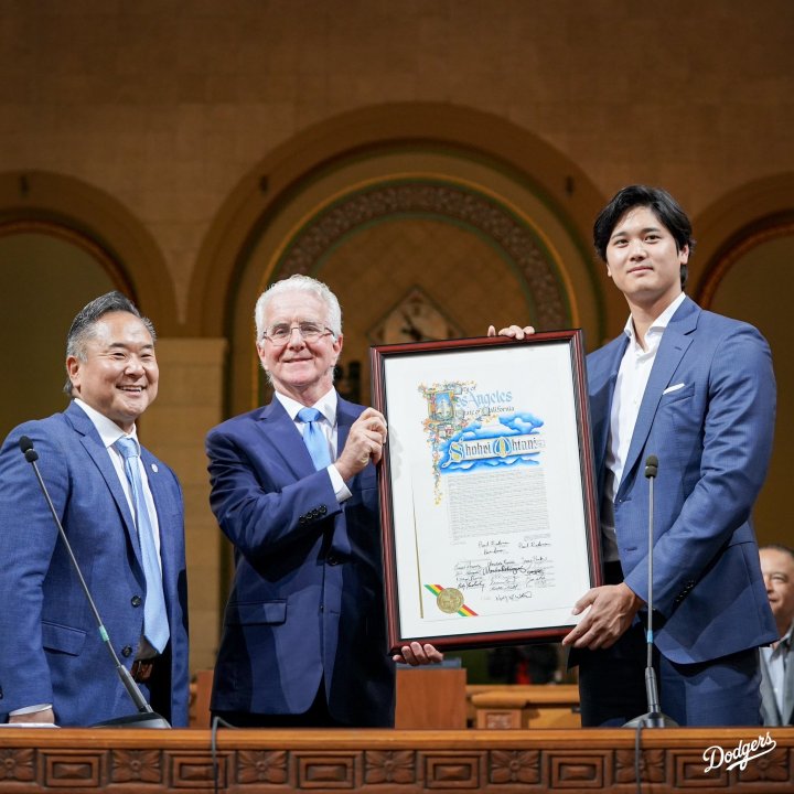 From left: Los Angeles City Council Member John Lee; Council President Paul Krekorian; Los Angeles Dodgers star Shohei Ohtani. The L.A. City Council declared May 17, 2024 as "Shohei Ohtani Day." (Courtesy: Los Angeles Dodgers)