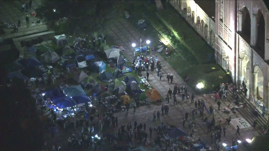 Police officers arrived as a dispersal order was given to a large encampment of pro-Palestinian protestors gathered on the UCLA campus on May 1, 2024. (KTLA)