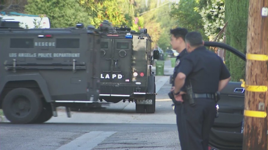 A shooting suspect is dead after an hours-long SWAT standoff in Tarzana on May 18, 2024. (KTLA)