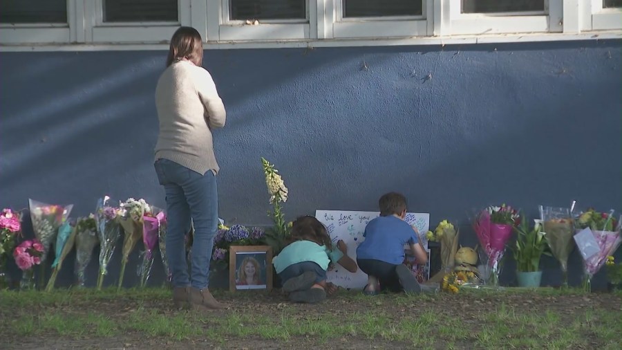 A growing memorial remembering Karyn Lombardo is seen outside Bret Harte Elementary School can be seen on May 8, 2024. (KTLA)