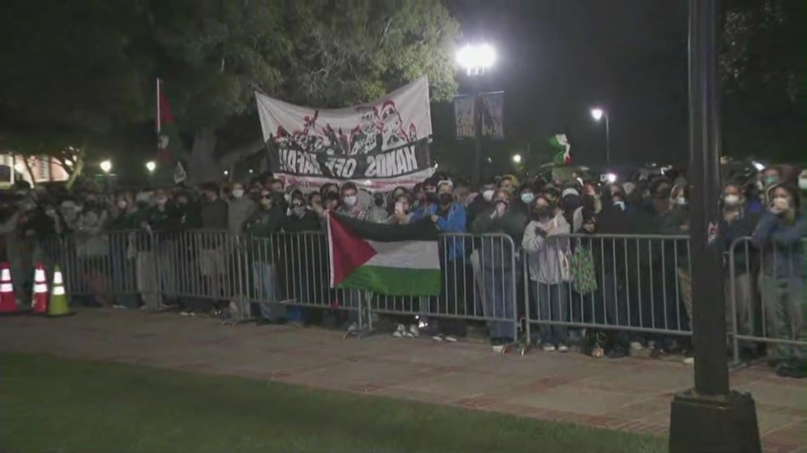 Pro-Palestinian protestors refused to leave the UCLA campus after officers arrived and a dispersal order was given on May 1, 2024. (KTLA)