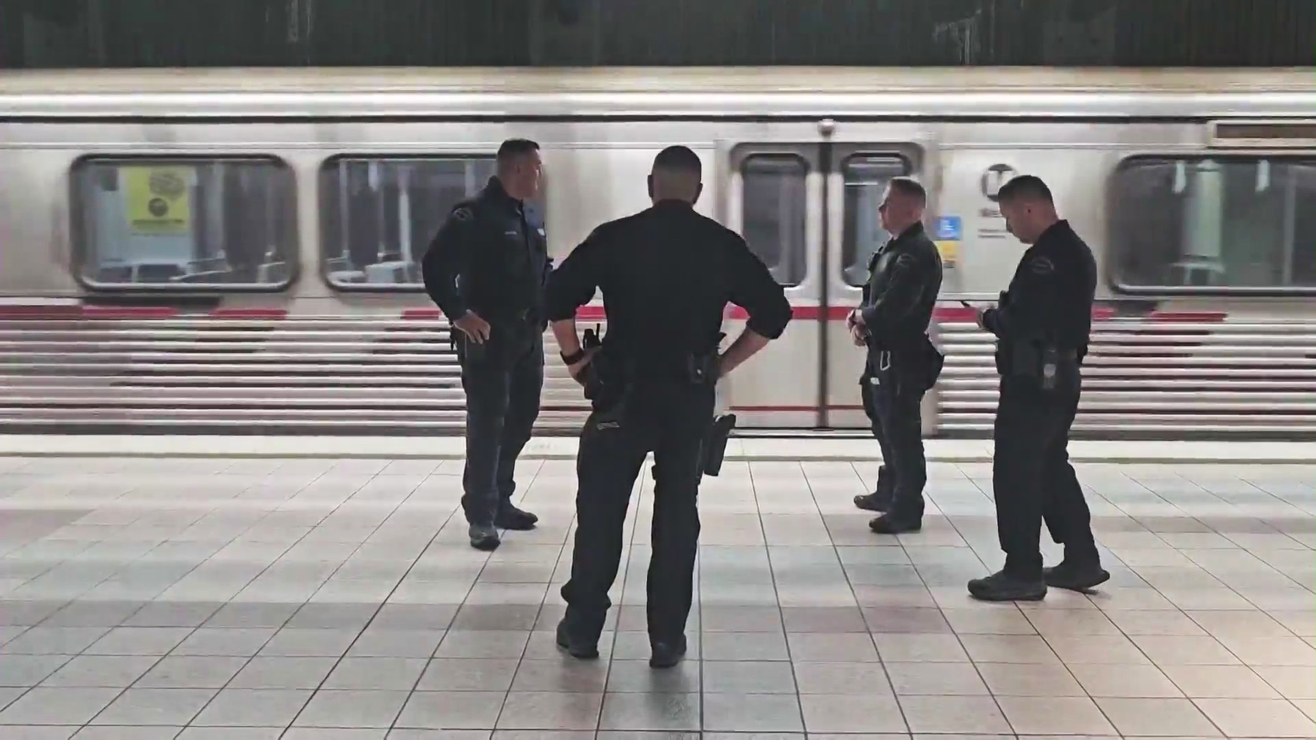 Officers patrolling a Metro station in Los Angeles County. (KTLA)