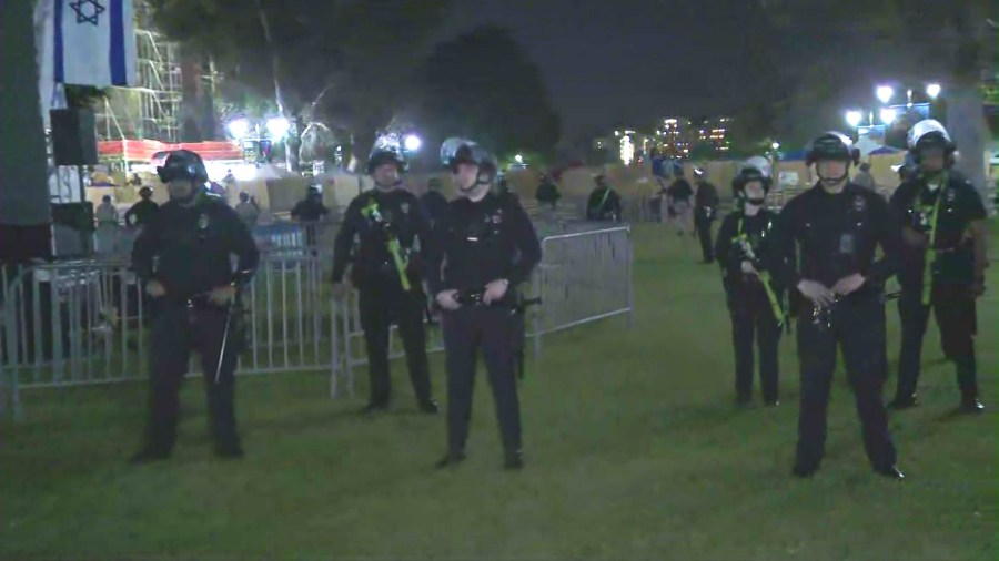 Police officers arrived as a dispersal order was given to a large encampment of pro-Palestinian protestors gathered on the UCLA campus on May 1, 2024. (KTLA)