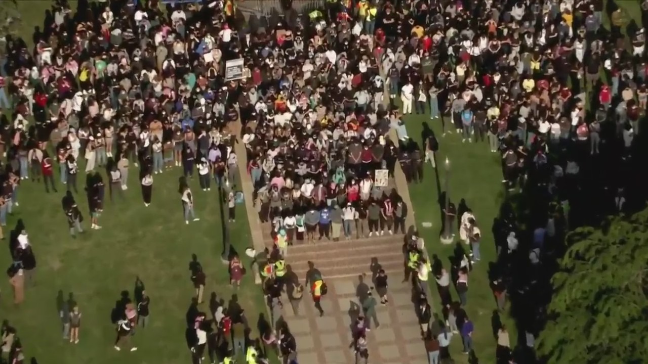 A large encampment of pro-Palestinian protestors gathered on the UCLA campus on May 1, 2024. (KTLA)