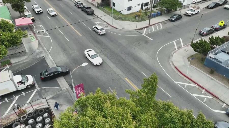 The intersection next to Carver Middle School where Derrick Serrano, 12, was struck and killed on April 18, 2024. (KTLA)