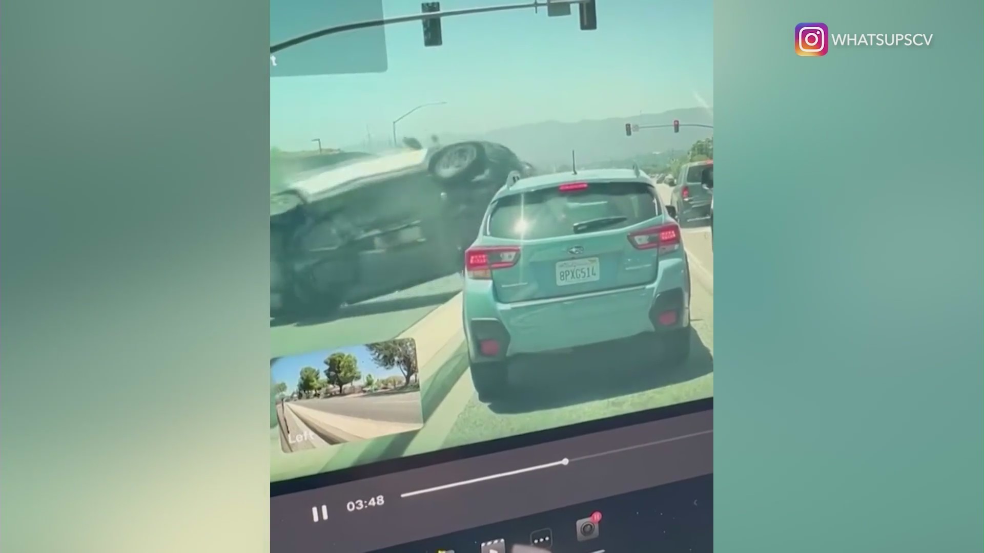 Dashcam video captured the moment a crash sent a deputy's vehicle barreling into a busy intersection in Santa Clarita on May 29, 2024. (@whatsupscv)