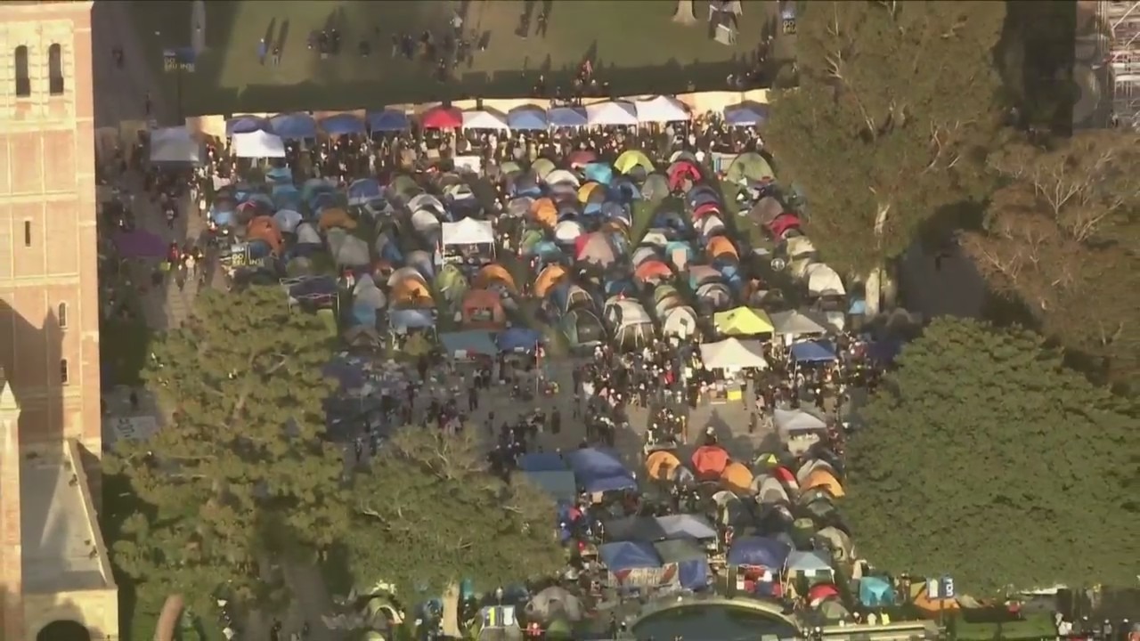 A large encampment of pro-Palestinian protestors gathered on the UCLA campus on May 1, 2024. (KTLA)