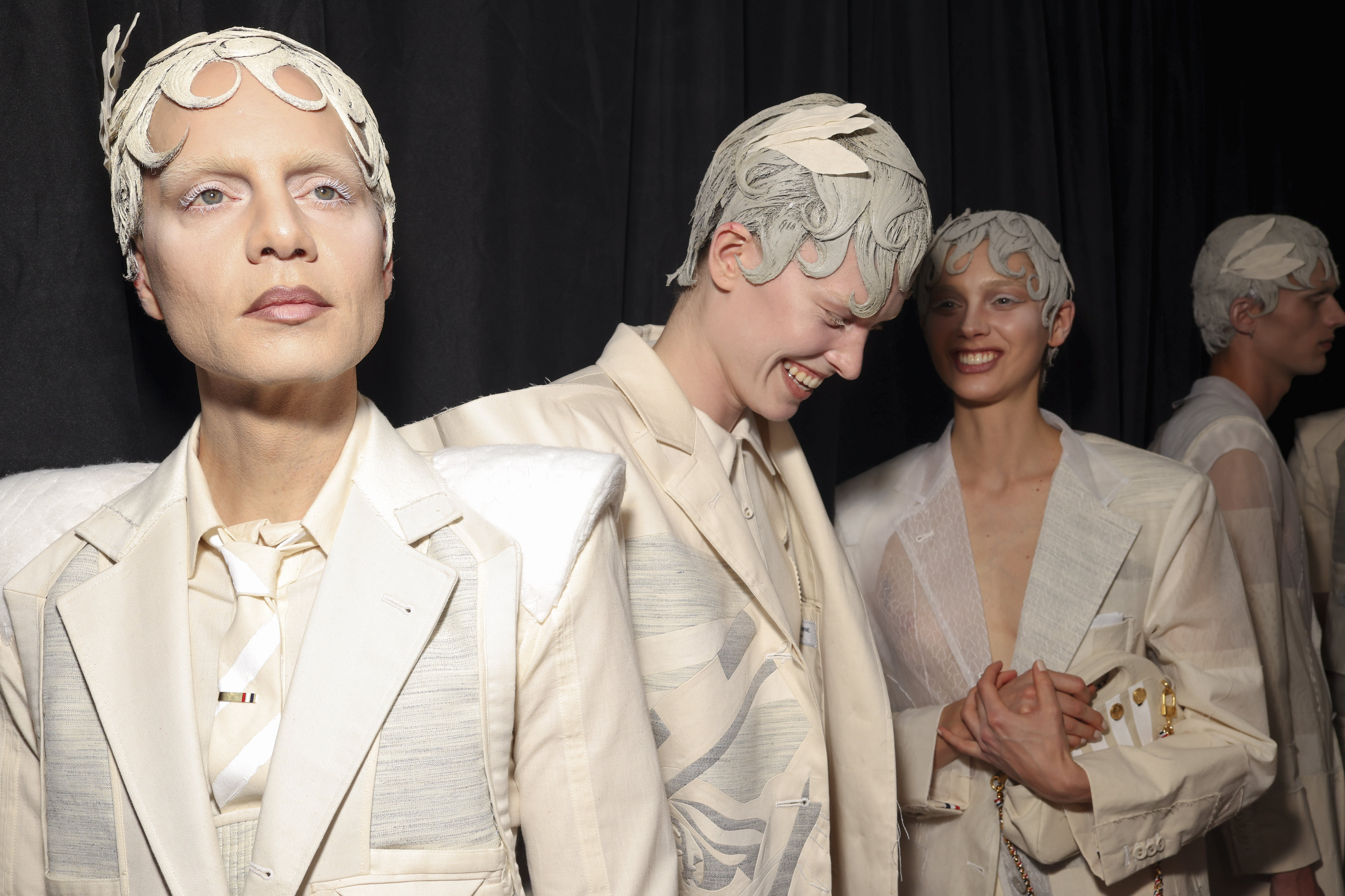 Models prepare backstage at the Thom Browne Haute Couture Fall-Winter 2024-2025 collection presented Monday, June 24, 2024 in Paris. (Photo by Vianney Le Caer/Invision/AP)