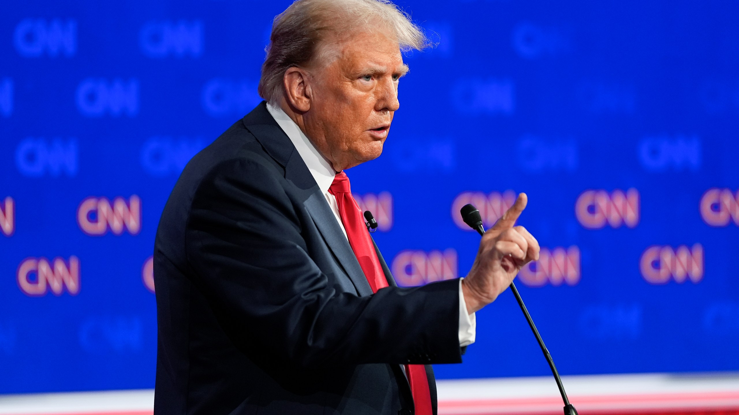 Republican presidential candidate former President Donald Trump, gestures during a presidential debate with President Joe Biden, Thursday, June 27, 2024, in Atlanta. (AP Photo/Gerald Herbert)