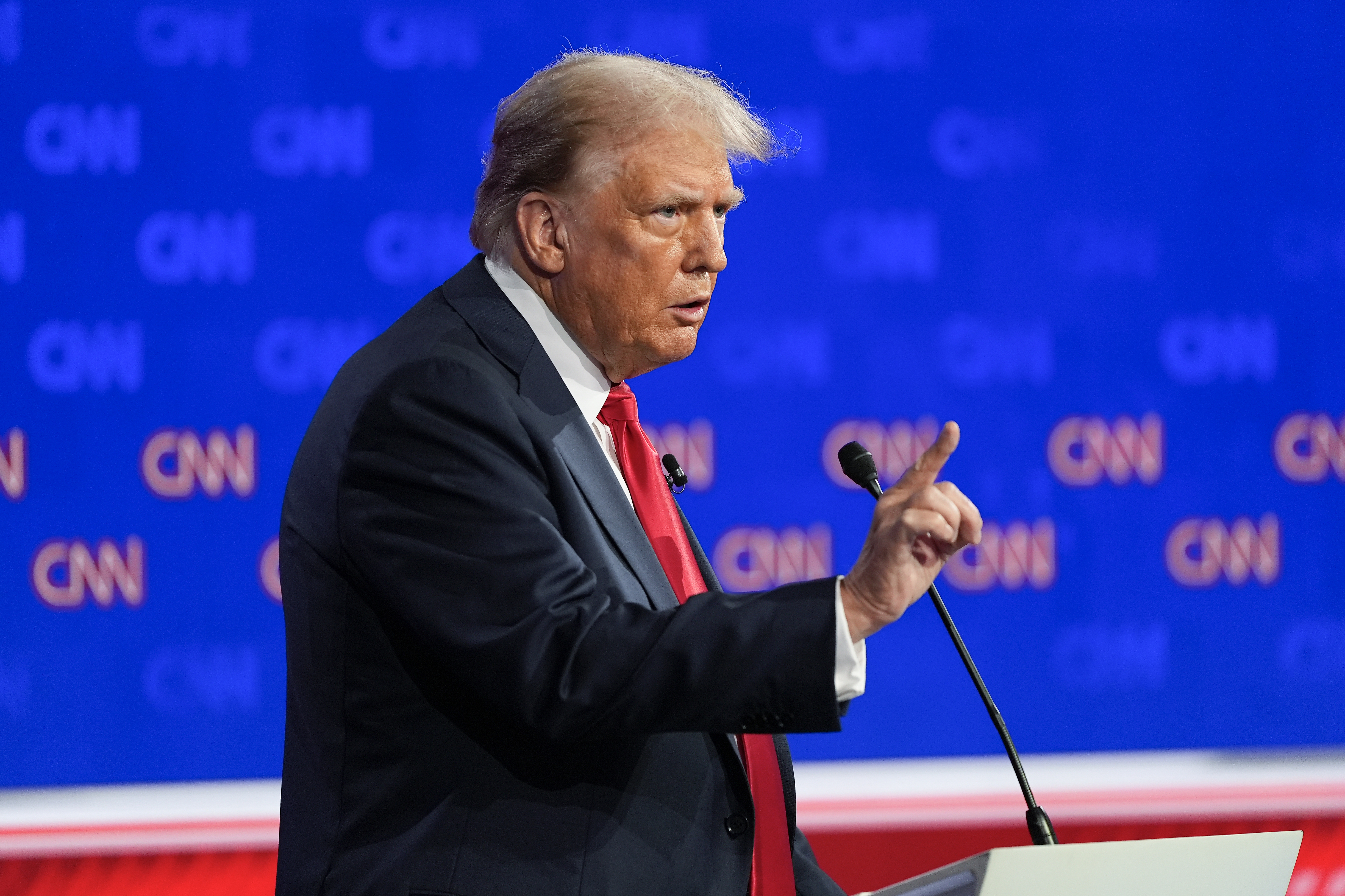 Republican presidential candidate former President Donald Trump, gestures during a presidential debate with President Joe Biden, Thursday, June 27, 2024, in Atlanta. (AP Photo/Gerald Herbert)