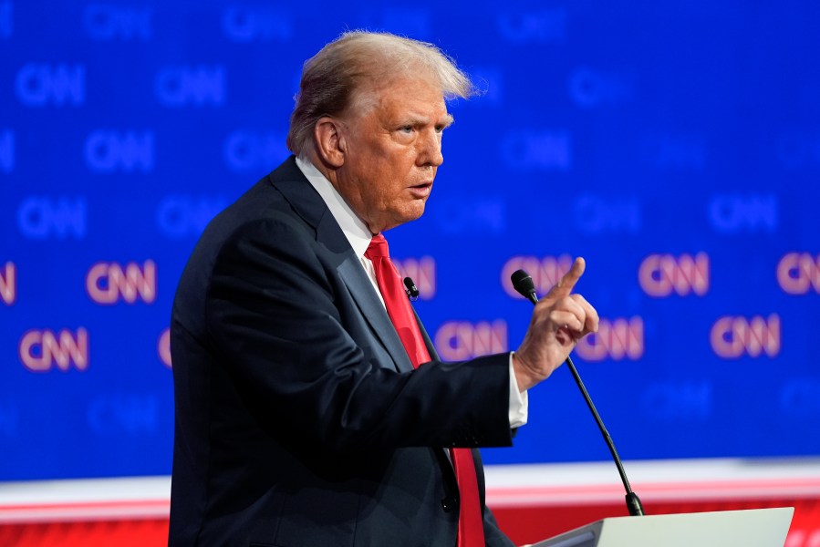 Republican presidential candidate former President Donald Trump, gestures during a presidential debate with President Joe Biden, Thursday, June 27, 2024, in Atlanta. (AP Photo/Gerald Herbert)