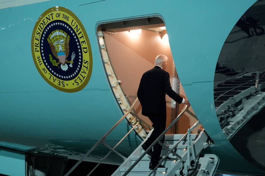 President Joe Biden boards Air Force One at Dobbins Air Reserve Base, Friday, June 28, 2024, in Marietta, Ga., after participating in a presidential debate in Atlanta on Thursday. (AP Photo/Evan Vucci)