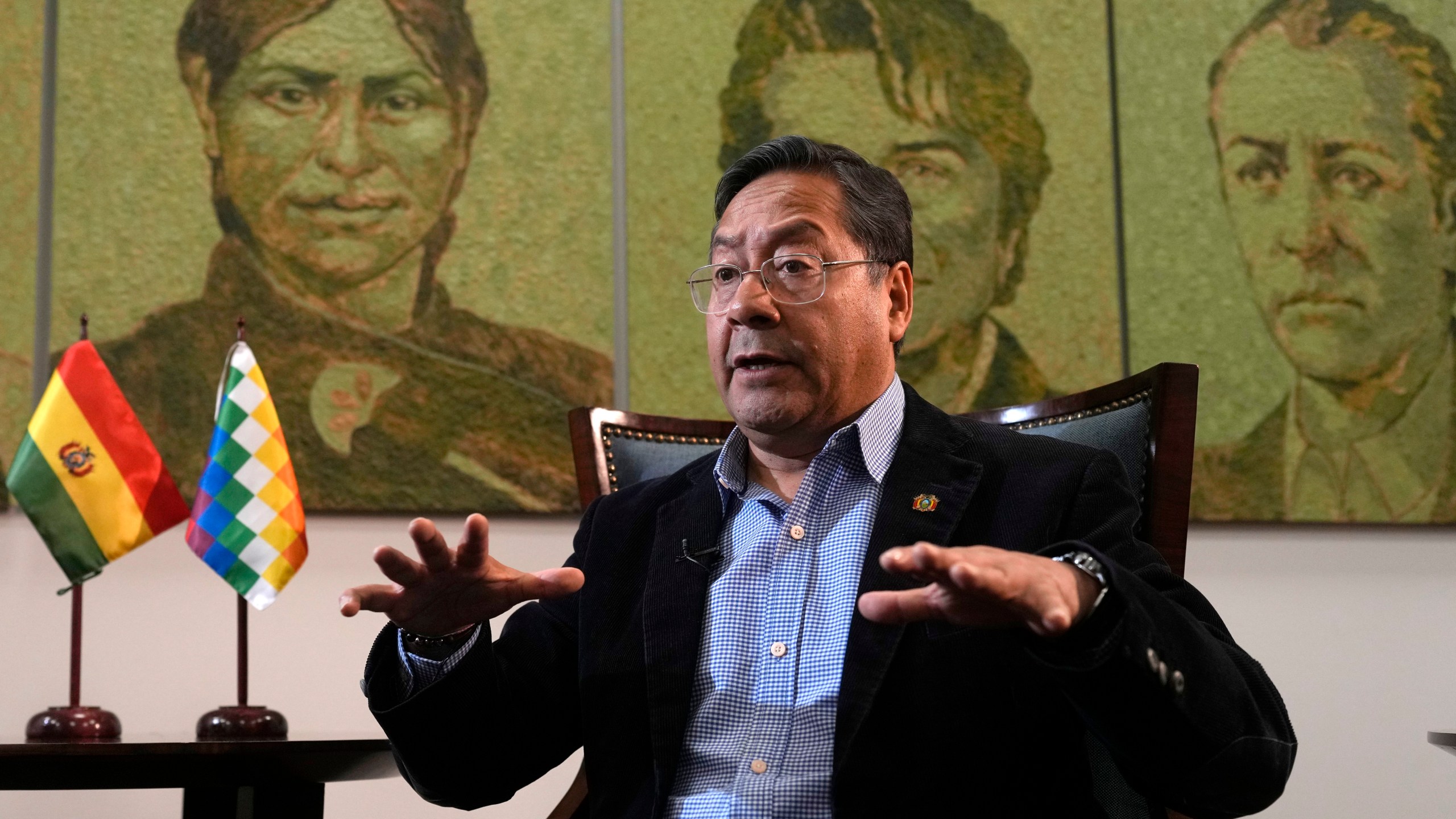 Bolivia's President Luis Arce speaks during an interview at the government palace, in La Paz, Bolivia, Friday, June 28, 2024, two days after Army troops stormed the palace in what Arce called a coup attempt. (AP Photo/Juan Karita)