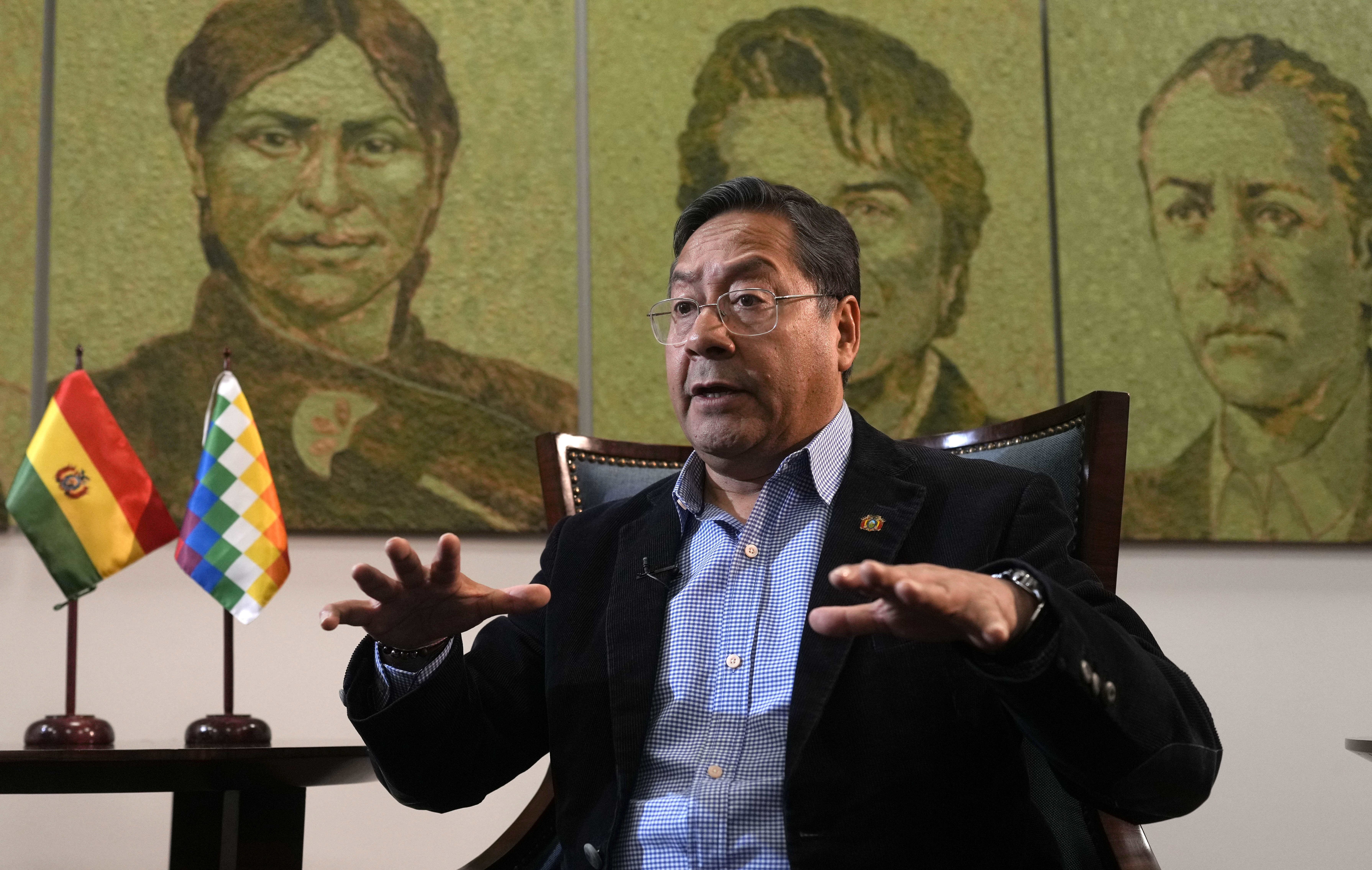 Bolivia's President Luis Arce speaks during an interview at the government palace, in La Paz, Bolivia, Friday, June 28, 2024, two days after Army troops stormed the palace in what Arce called a coup attempt. (AP Photo/Juan Karita)