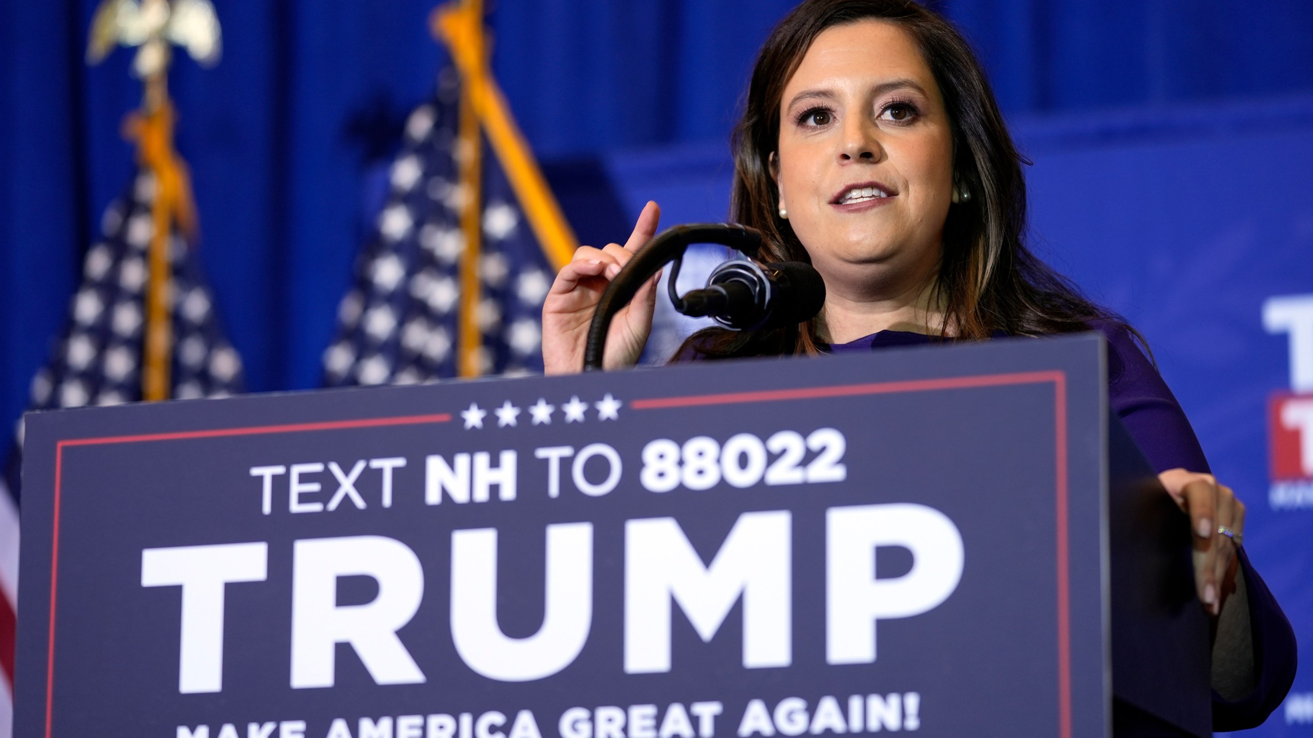 FILE - Rep. Elise Stefanik, R-N.Y., speaks at a campaign event in Concord, N.H., Jan. 19, 2024. In some cases, Donald Trump's potential vice presidential contenders have had to abandon long-held policy positions and recant vehement criticism. Stefanik criticized Trump's comments on the "Access Hollywood" tape and disagreed with his position on NATO, his decision to withdraw from the landmark Paris climate agreement and his ban on travelers from predominantly Muslim countries. (AP Photo/Matt Rourke, File)