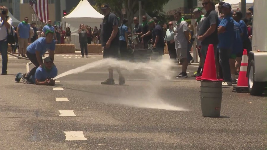 Firefighter games were played by sponsored teams at The 27th Annual Hope For Firefighters event benefitting the Widows, Orphans & Disabled Firefighter's Fund in downtown Los Angeles on June 6, 2024. (KTLA)