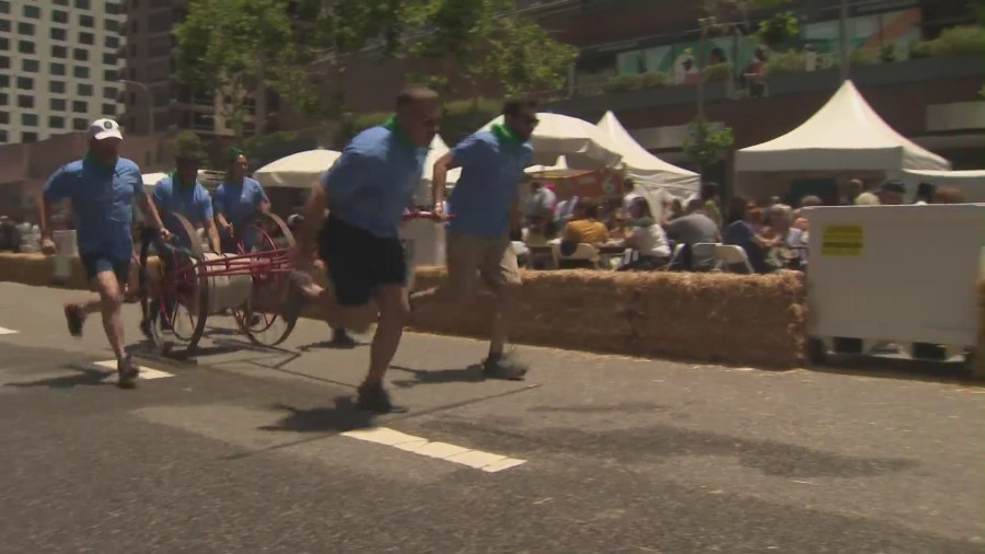 Firefighter games were played by sponsored teams at The 27th Annual Hope For Firefighters event benefitting the Widows, Orphans & Disabled Firefighter's Fund in downtown Los Angeles on June 6, 2024. (KTLA)