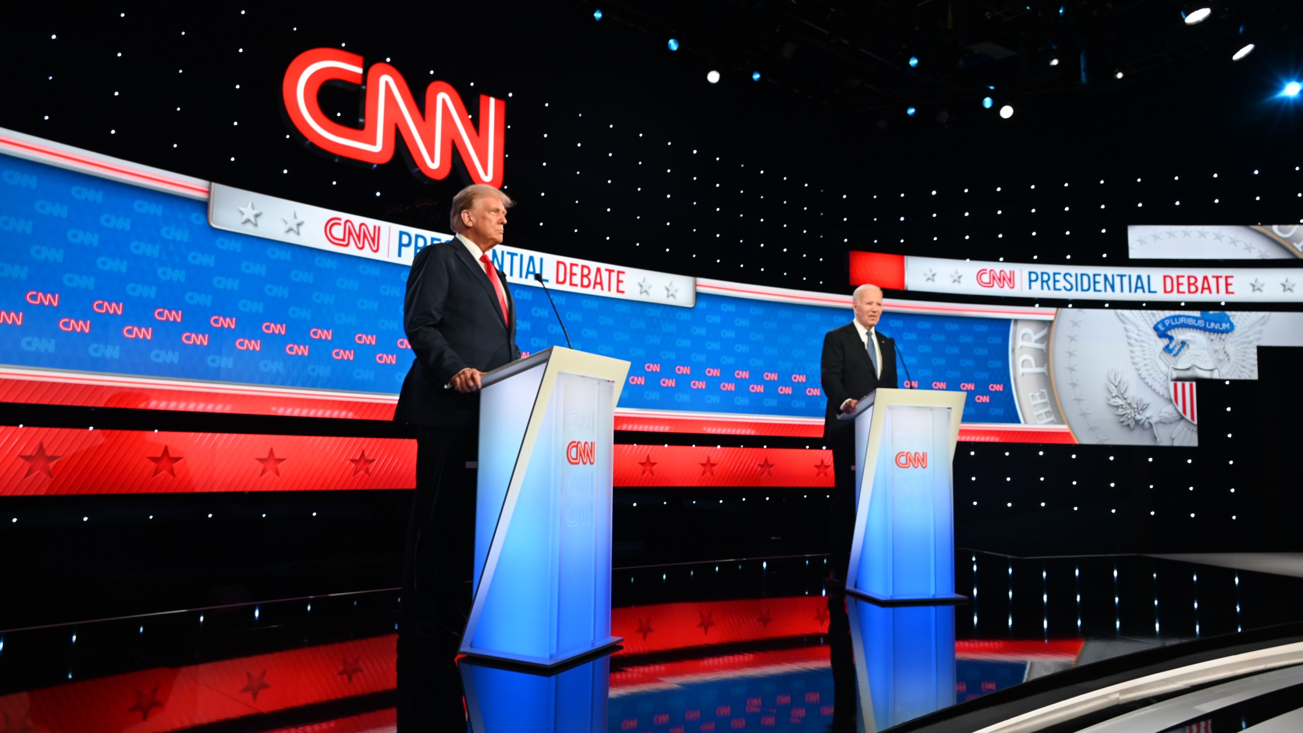 ATLANTA, GEORGIA, UNITED STATES - JUNE 27: President of the United States Joe Biden and Former President Donald Trump participate in the first Presidential Debate at CNN Studios in Atlanta, Georgia, United States on June 27, 2024. (Photo by Kyle Mazza/Anadolu via Getty Images)