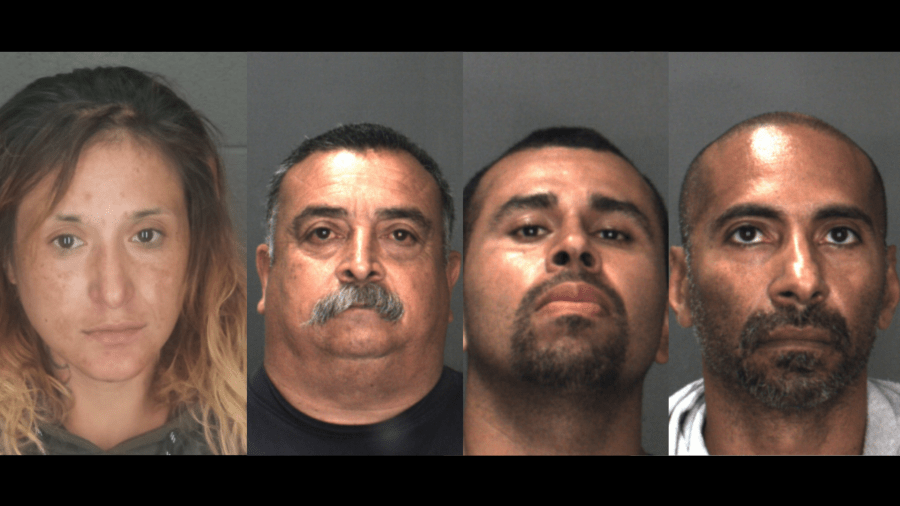 From left: Cynthia Leal, Vincent Solarez, Elijah Gafare, and Marcos Guerrero are seen in booking photos from the San Bernardino County Sheriff's Department.