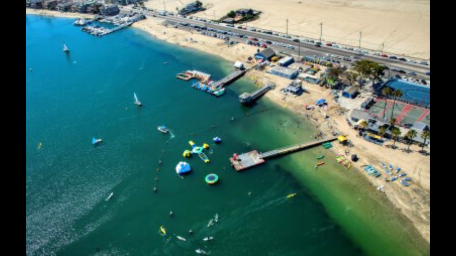 An aerial view of Long Beach's free floating Wibit aquatic playground is seen being enjoyed by swimmers. (Long Beach)