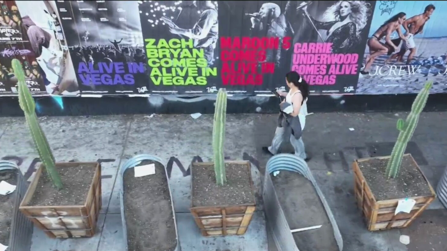 Planters and garden beds placed in front of Hollywood businesses on Sunset Boulevard to deter homeless encampments from growing. (KTLA)