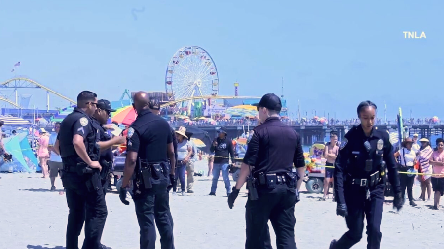 One person was stabbed and another injured after a large brawl broke out on the beach near the Santa Monica Pier on June 29, 2024. (TNLA)