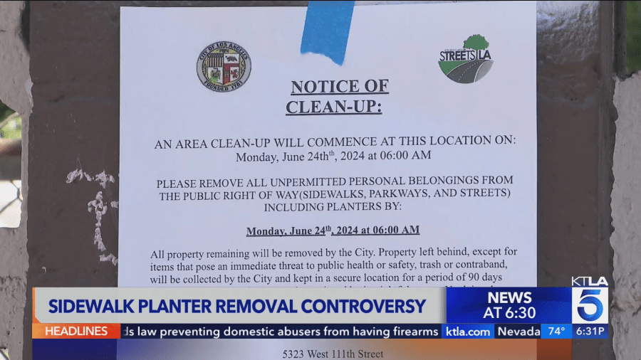 A notice from city officials forcing the planters and garden beds to be removed by June 24, 2024. (KTLA)