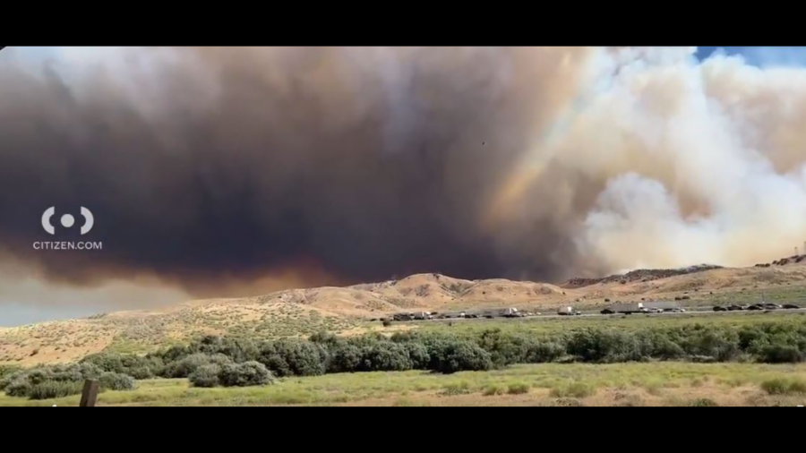 The expanding Post Fire in Gorman is seen burning near the 5 Freeway and forcing evacuations on June 15, 2024. (Citizen)