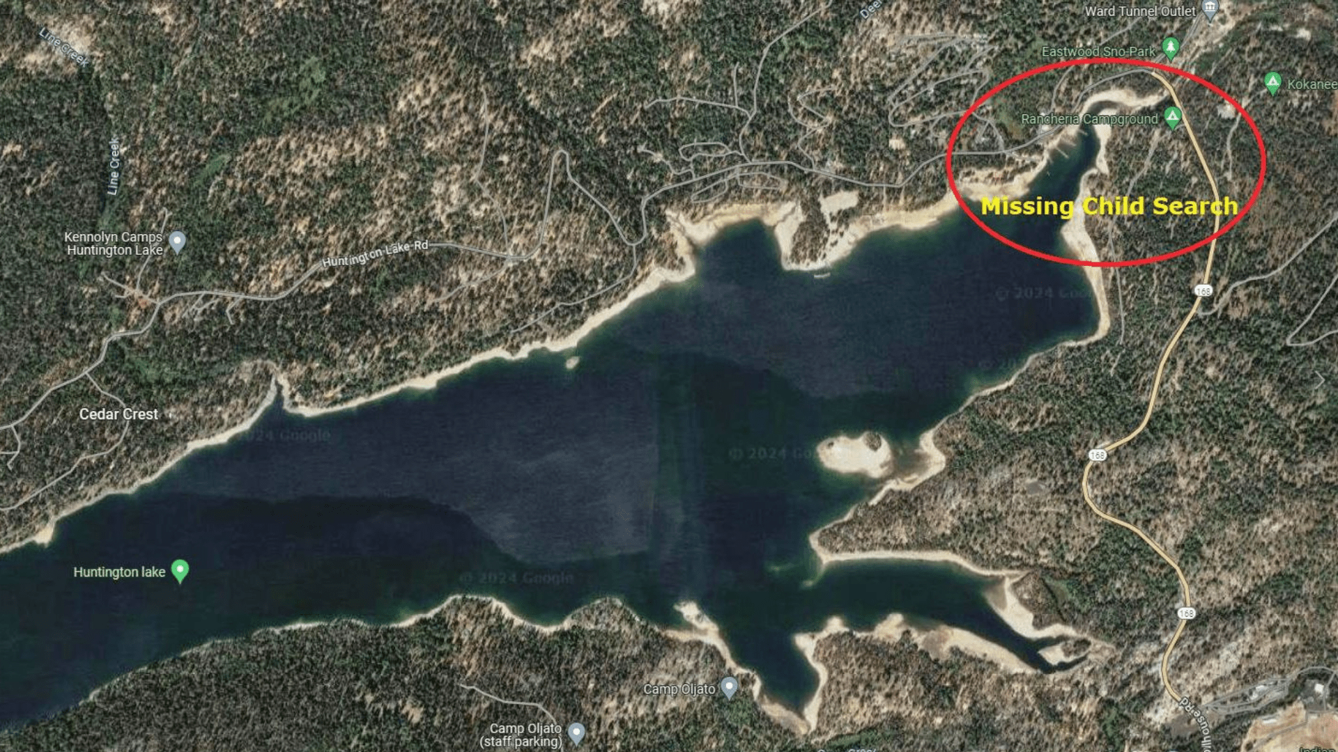 A map of the search area near the Rancheria Campground at Huntington Lake where search and rescue teams looked for the missing boy on June 21, 2024. (Fresno County Sheriff's Office)