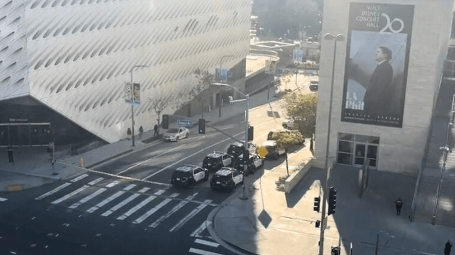 Entrances to the nearby Broad Museum were blocked off as police investigated reports of a shooting outside Walt Disney Concert Hall in downtown Los Angeles on June 13, 2024. (Citizen)