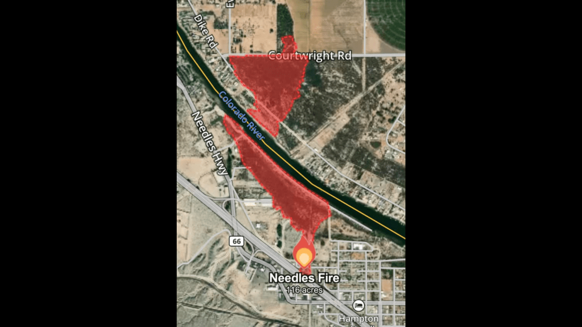 Map of the fast-moving Needles Fire in San Bernardino County jumped across the state border to Arizona on June 22, 2024. (San Bernardino County Fire Department)