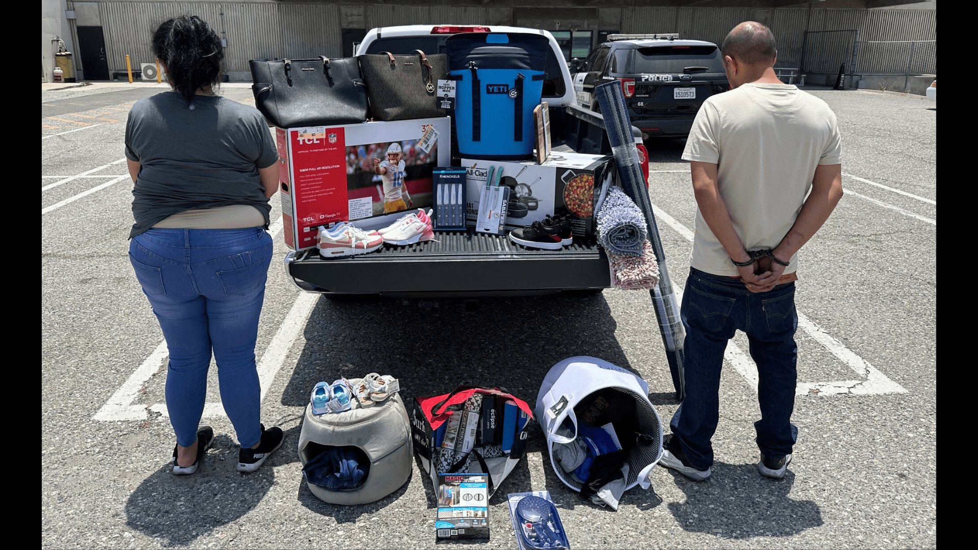 Two suspects were arrested for stealing thousands of dollars worth of merchandise from TJ Maxx, Marshalls and HomeGoods in Southern California. (San Bernardino County Sheriff’s Department)