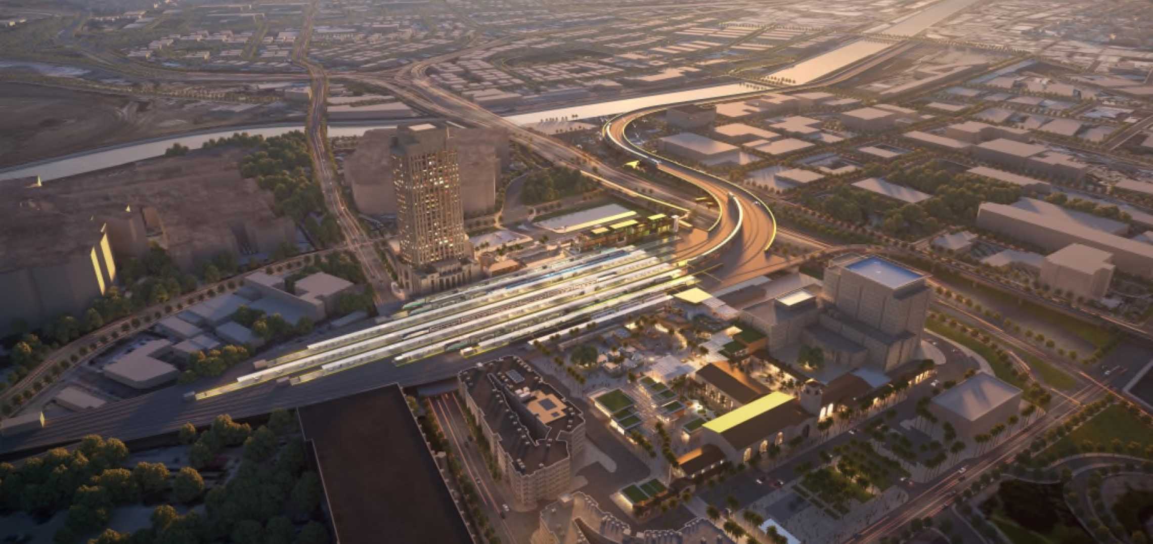 Renderings of the Link US improvement project at Los Angeles Union Station include the proposed train bridge over US 101. (LA Metro via HDR Inc.)