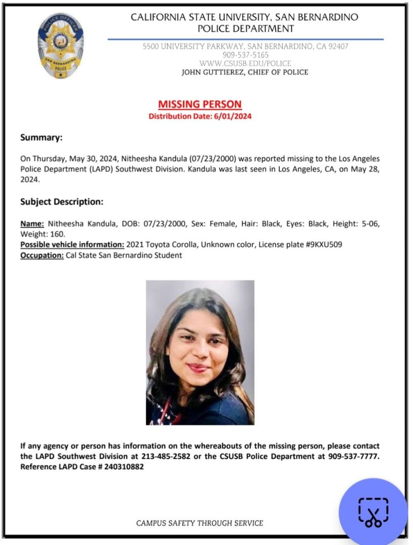 Information about Nitheesha Kandula, 23, is seen in a missing persons poster from the Los Angeles Police Department.