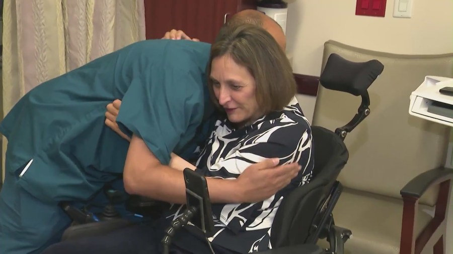 Colleagues bid farewell to Deanne Niedziela at Mission Hospital on June 13, 2024 as she retires after experiencing an accident that left her paralyzed. (KTLA)