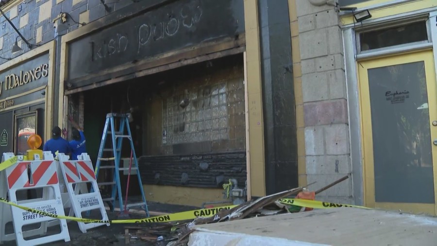 The charred exterior of Molly Malone's Irish Pub is seen after a large fire on June 20, 2024. (KTLA)