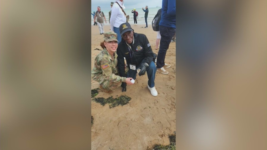 On the 80th Anniversary of D-Day, Louis Brown, 98, visited the shores of Normandy Beach in France where he was honored alongside other veterans who served during World War II. (Brown Family)