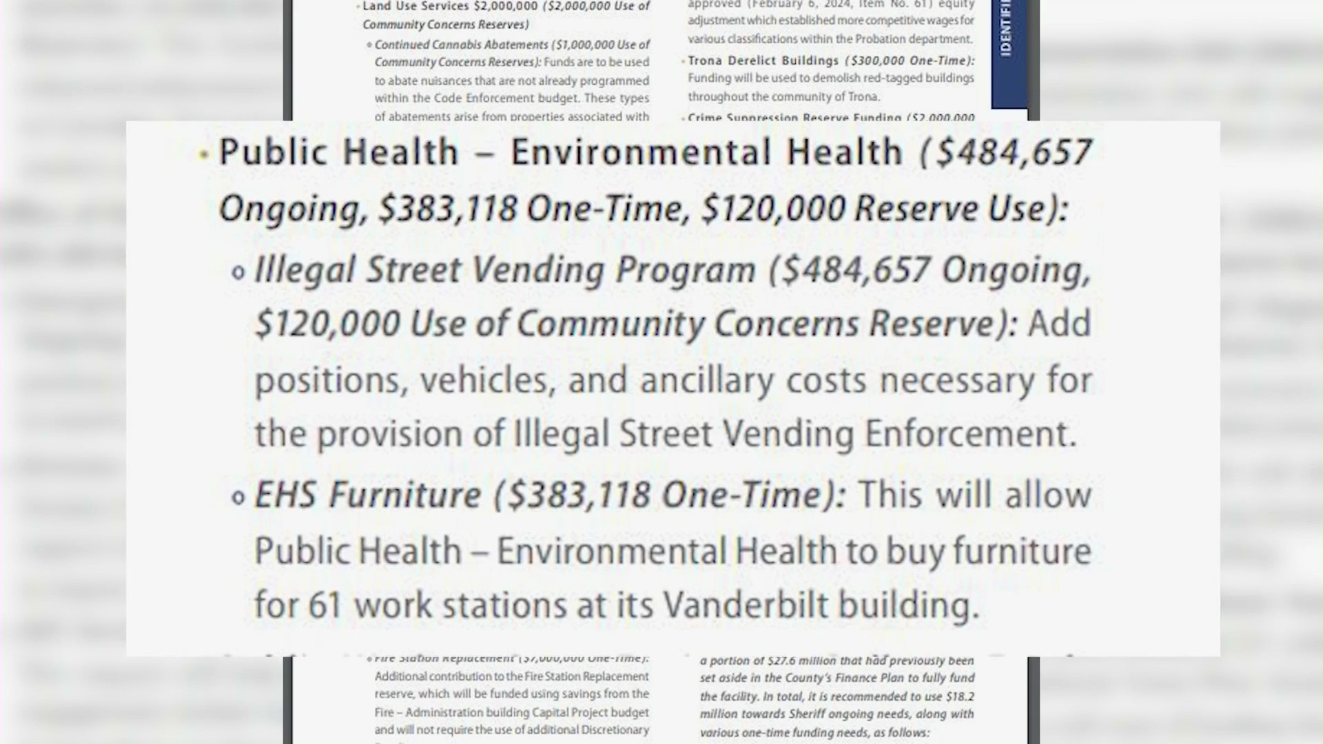 An excerpt from San Bernardino County's 2024-25 budget proposal allocating $484,657 toward an "illegal street vending program." (San Bernardino County)