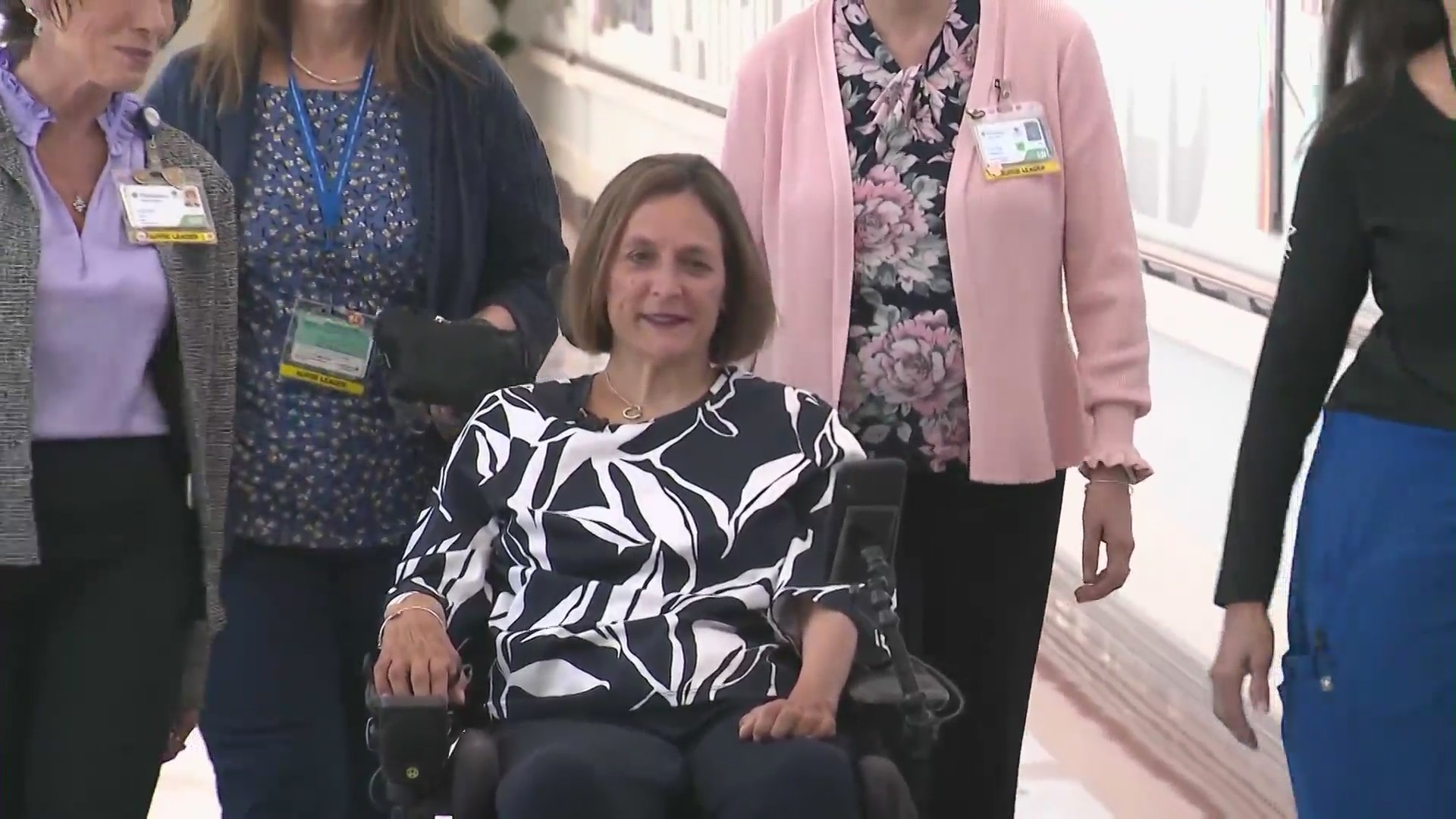 Deanne Niedziela making her last rounds at Providence Mission Hospital in Mission Viejo as her colleagues bid her farewell on her retirement on June 13, 2024. (KTLA)