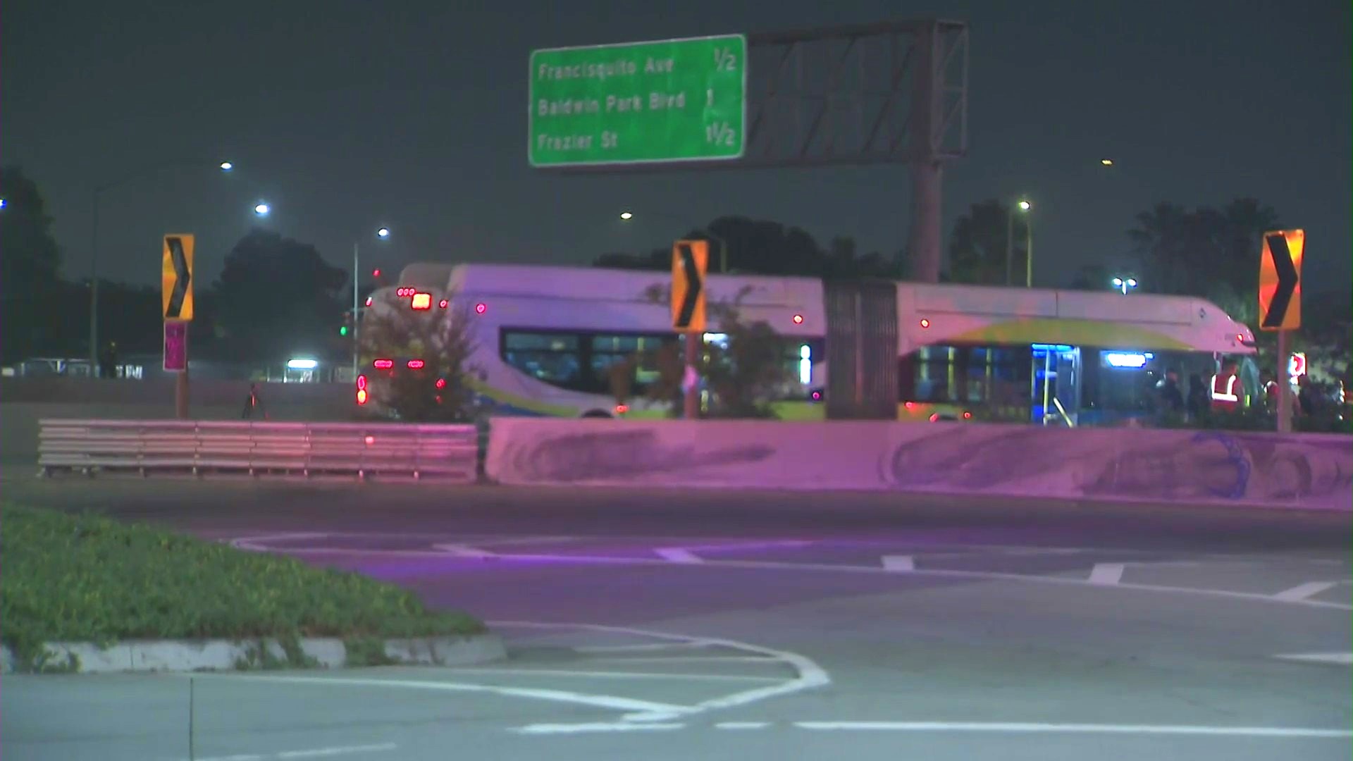 Officers investigate a shooting that took place during an argument aboard a Foothill Transit bus in Baldwin Park on June 17, 2024. (KTLA)