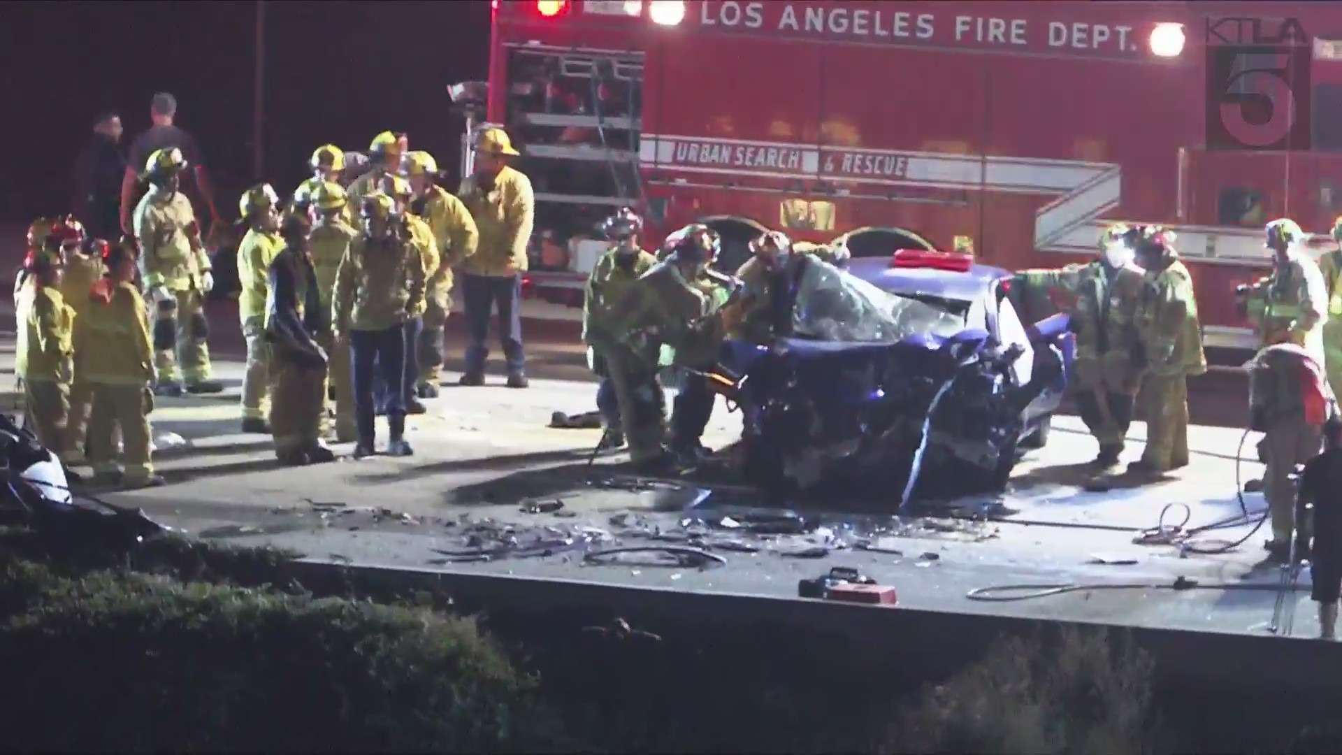 Crews extricated passengers from the wreckage of a deadly head-on crash in Playa del Rey on June 4, 2024. (KTLA)