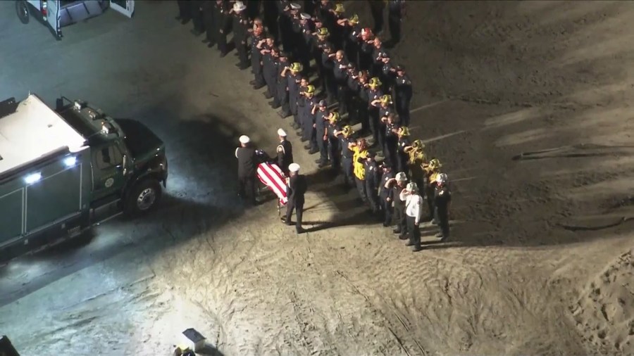 A procession was held for Andrew Pontious as he was transported to the L.A County Medical Examiner's Office on June 14, 2024. (KTLA)