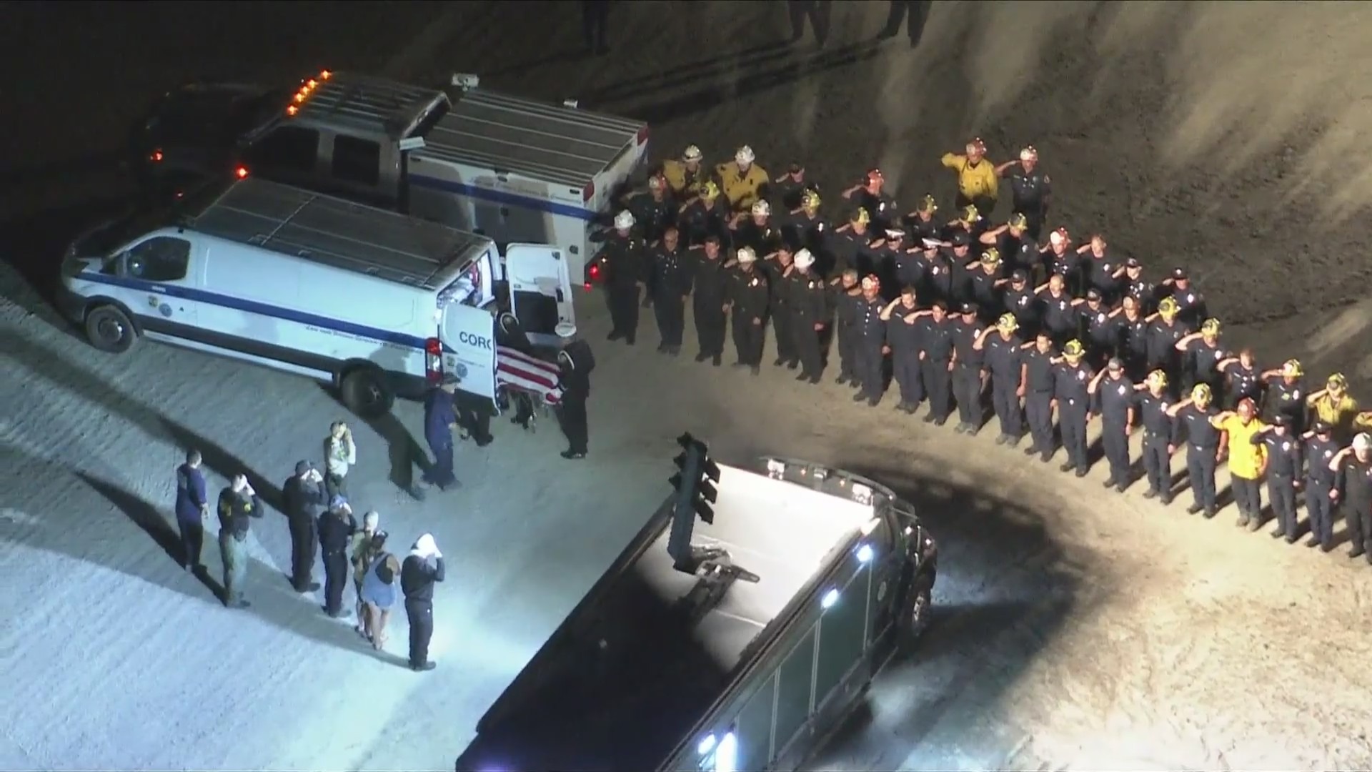 A procession was held for Andrew Pontious as he was transported from to the L.A County Medical Examiner's Office on June 14, 2024. (KTLA)