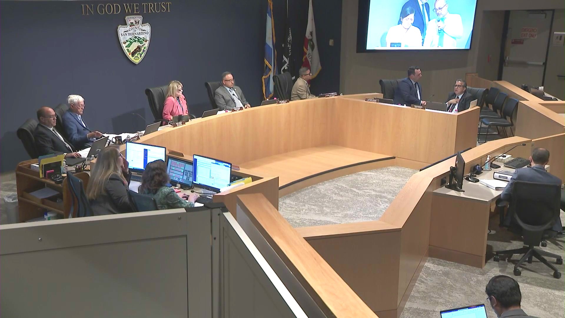 Opponents and ralliers spoke during public comment at a San Bernardino County board hearing over an illegal street vending program on June 11, 2024. (KTLA)