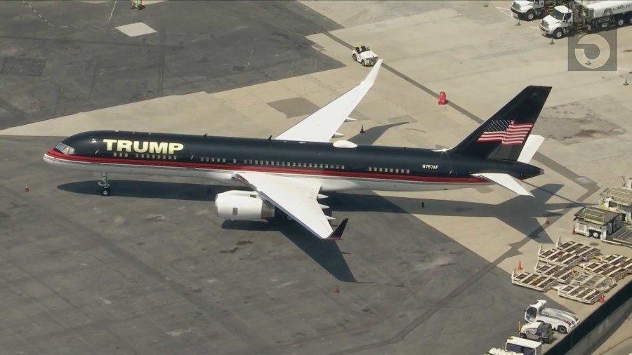 Donald Trump's plane arriving at Los Angeles International Airport on June 7, 2024. (KTLA)