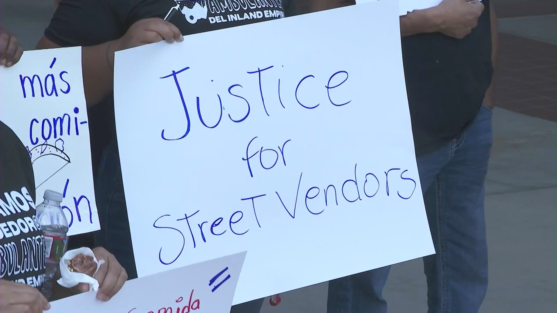 A rally opposing the illegal street vending program was held outside Covington Chambers as the San Bernardino County Board of Supervisors voted on the yearly budget on June, 11, 2024. (KTLA)