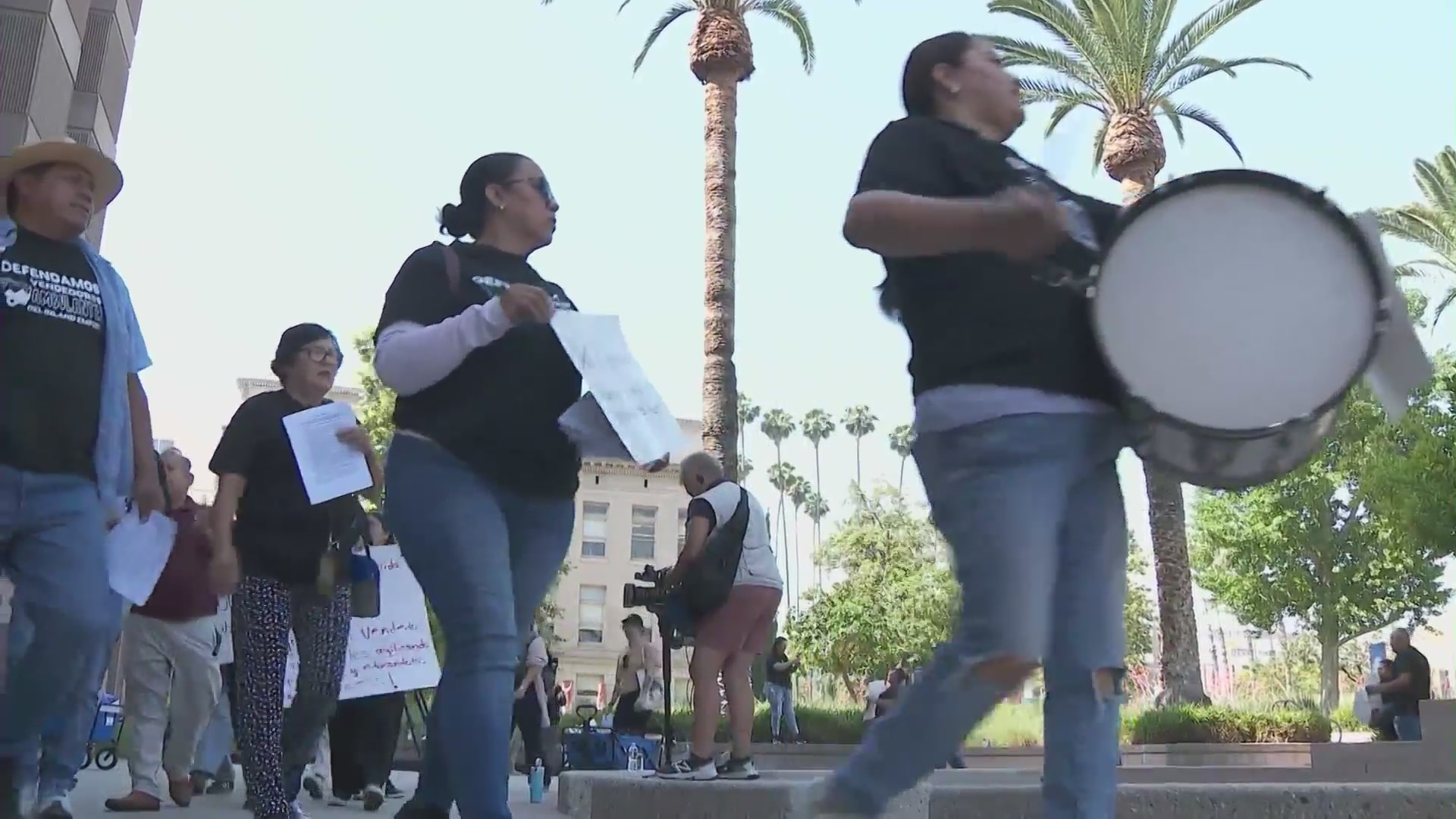 A rally opposing the illegal street vending program was held outside Covington Chambers as the San Bernardino County Board of Supervisors voted on the yearly budget on June, 11, 2024. (KTLA)